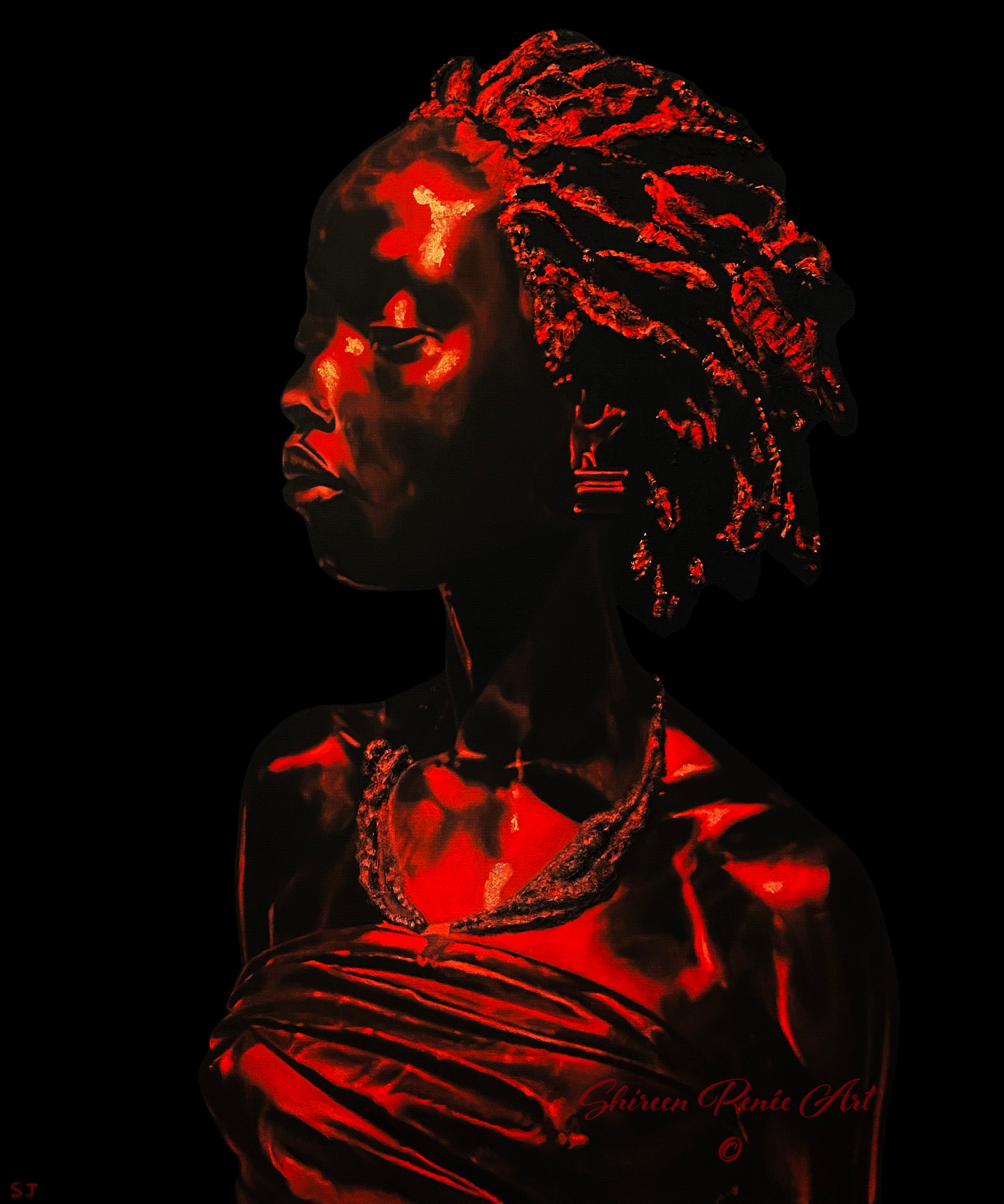 Dramatic portrait of a woman with dark skin and hair, illuminated by red light against a black background. Oil painting by Shireen Renee, showcasing texture, contrast, and cultural representation. Fine art, portraiture, African Venus art.
