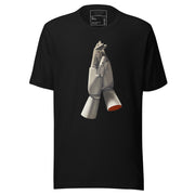 Art Of Uniformity unisex black cotton crew neck t-shirt with artwork showcasing Shireen Renee's "AEQ" oil painting of two floating wooden hands.