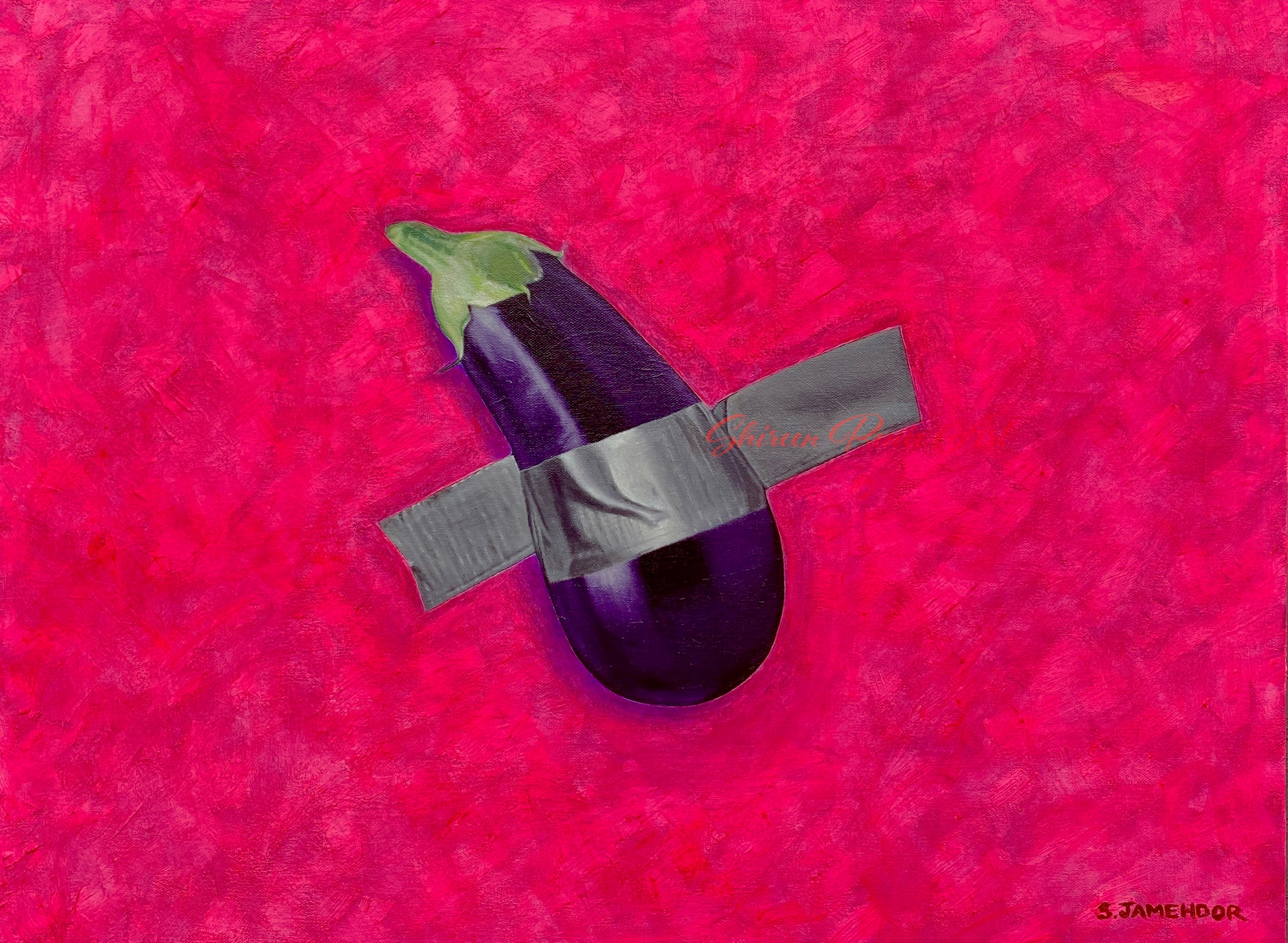 "BAE: Big Art Energy" is an original oil painting by emerging Los Angeles artist Shireen Renee, depicting an eggplant duct taped to a hot pink wall.