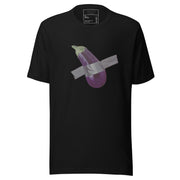 Unisex cotton crew neck short sleeve black t-shirt with eggplant graphic taped on with duct tape. Unique graphic tee, novelty t-shirt, casual wear, statement clothing.