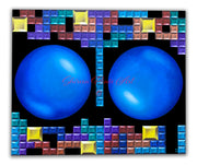 20"x24" Oil on canvas original oil painting art by Shireen Renee inspired by vintage game, Tetris, featuring two large blue orbs surrounded by colorful Tetris blocks on a black background.