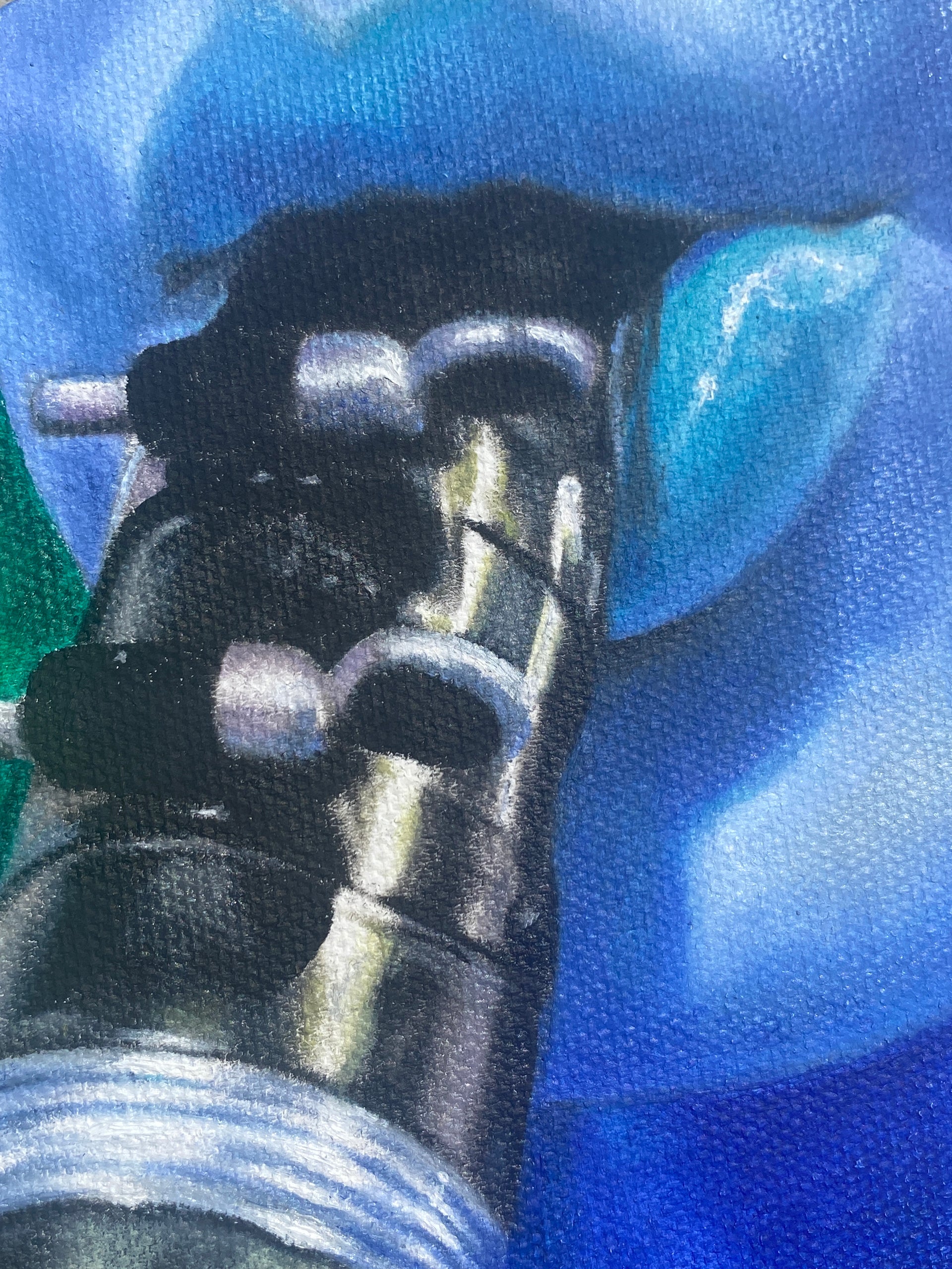 "The Lullaby" is an oil painting on an 8" circular canvas depicting a close-up view of the artist, Shireen Renee, playing the clarinet. Her skin tone is painted in blue hues and her hair in green hues. This is a close-up detail image of her lips and the mouthpiece of the clarinet.