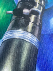 "The Lullaby" is an oil painting on an 8" circular canvas depicting a close-up view of the artist, Shireen Renee, playing the clarinet. Her skin tone is painted in blue hues and her hair in green hues. This is a close up detail image of the metallic ring of the clarinet's mouth piece.