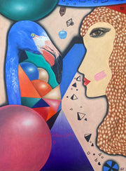 An oil painting by Shireen Renee presents a surreal narrative: a woman's profile, rendered with realistic detail, meets the gaze of a blue flamingo with a geometrically patterned neck. The composition is further enhanced by floating spheres and abstract geometric elements against a pale backdrop.