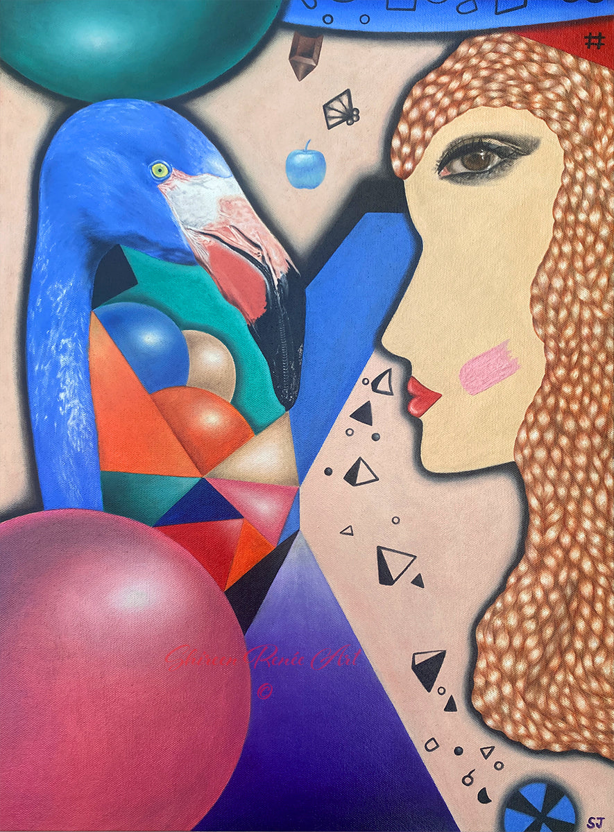 An oil painting by Shireen Renee presents a surreal narrative: a woman's profile, rendered with realistic detail, meets the gaze of a blue flamingo with a geometrically patterned neck. The composition is further enhanced by floating spheres and abstract geometric elements against a pale backdrop.