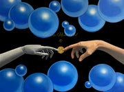 "Homo Deus" is a 36" x 48" oil on canvas painting by Shireen Renee depicting a human hand reaching out towards a non-human mechanical hand surrounded by bright blue bubbles against a black background.