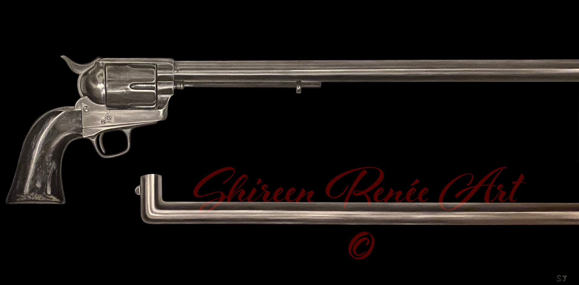 "Karma" is an original oil painting on canvas done in greyscale depicting an 1874 Colt army revolver with an elongated barrel that turns itself back onto the gun against a black background. Created by Los Angeles artist, Shireen Renee.