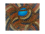 Original abstract wall art by Shireen Renee using pistachio shells painted with metallic acrylic gold, silver, and copper colors with a bright blue focal point.