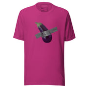Unisex cotton crew neck short sleeve pink t-shirt with eggplant graphic taped on with duct tape. Unique graphic tee, novelty t-shirt, casual wear, statement clothing.