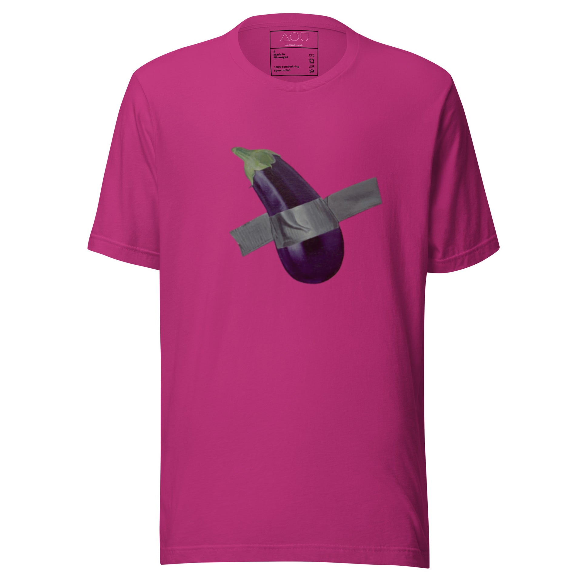 Unisex cotton crew neck short sleeve pink t-shirt with eggplant graphic taped on with duct tape. Unique graphic tee, novelty t-shirt, casual wear, statement clothing.