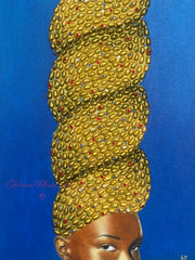 Original contemporary mixed media art by Shireen Renee depicting a portrait of a beautiful African woman wearing a tall golden crown of hair made with pistachio shells and multicolor rhinestones against a bright blue background.