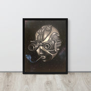 "Tin God" art print by Shireen Renee, framed against a wood floor. Surreal artwork featuring a metallic, robotic head with goggles, smoking a cigarette with blue smoke against a starry space background. Fine art, surrealism, art print.