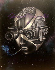 "Tin God" artwork by Shireen Renee, featuring a metallic robotic head with goggles and cigarette against a starry space background. Surreal oil painting, sci-fi illustration, detailed rendering, dark background.