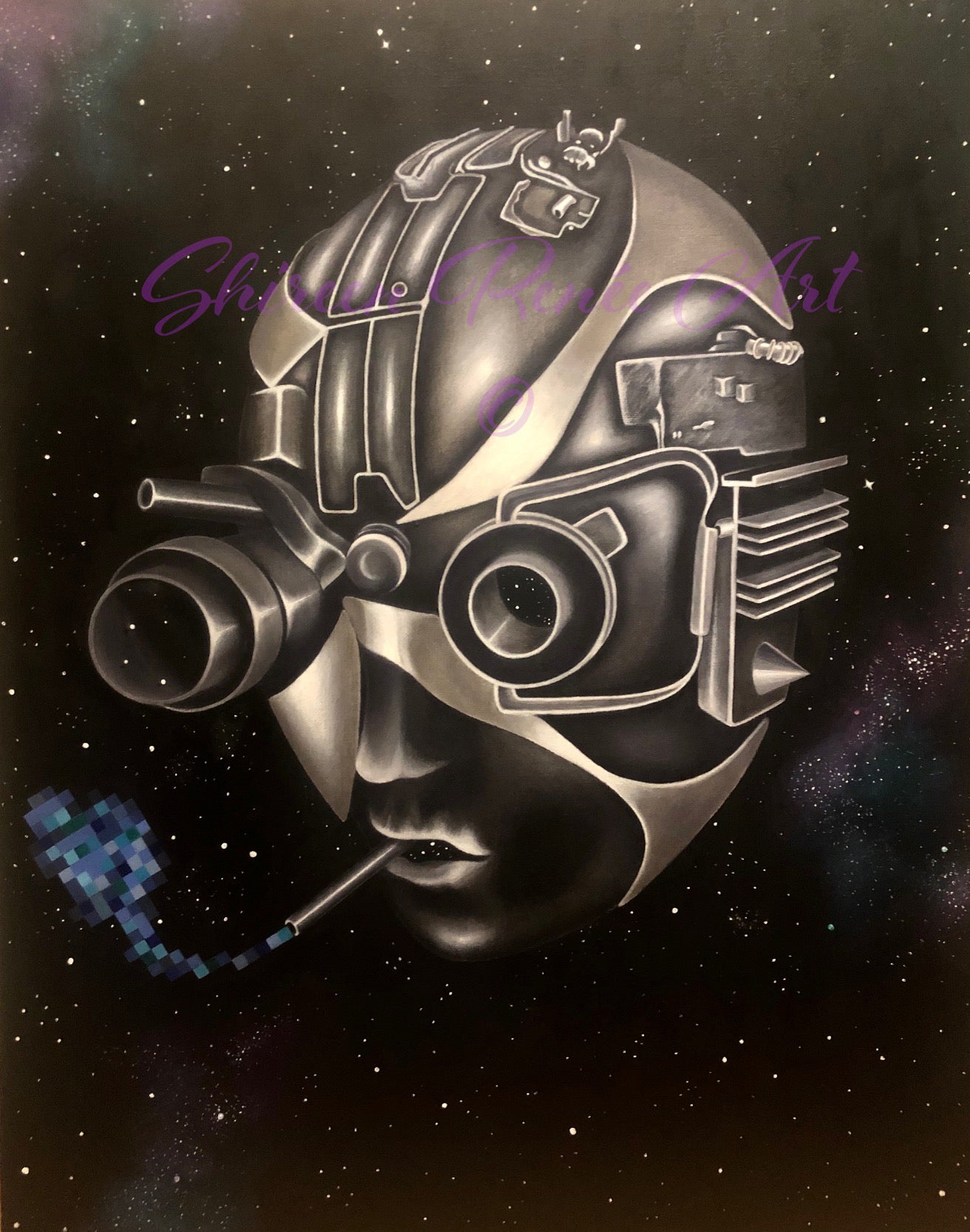 "Tin God" artwork by Shireen Renee, featuring a metallic robotic head with goggles and cigarette against a starry space background. Surreal oil painting, sci-fi illustration, detailed rendering, dark background.