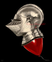 Oil painting by Shireen Renee: Side profile of a highly reflective silver knight's helmet with a red balloon attached, against a stark black background. Fine art realism, juxtaposition of medieval armor and whimsical balloon.