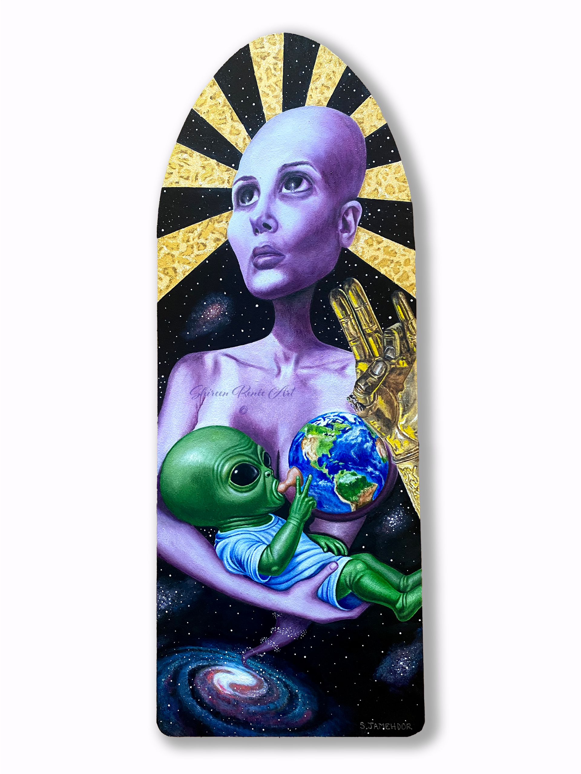 Artistic depiction of a figure holding a green alien and Earth, set against a cosmic background.