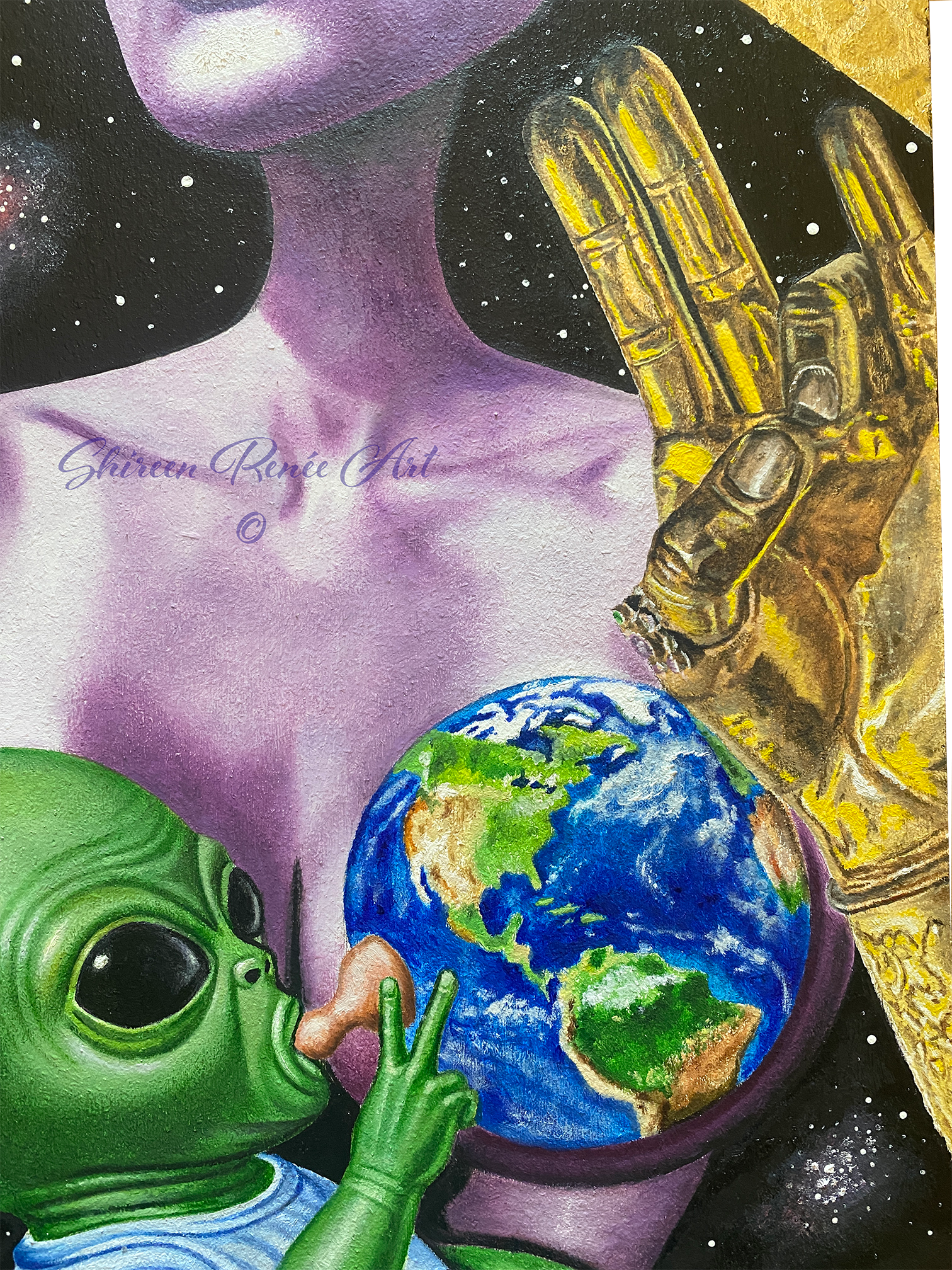 An oil painting of a green alien suckling a teat coming out of the earth. The alien is being held by a  purple female mother figure. The purple figure is holding up a golden hand with the Apana Mudra. Original oil painting by Shireen Renee Jamehdor.