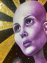 Oil painting art of a purple alien-like bald head with golden rays exuding from behind the head and an outer space background. Original oil painting art by Shireen Renee Jamehdor.