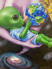 Green alien suckling from a nipple protruding from a globe with space and galaxy background. Original oil painting art by Shireen Renee Jamehdor.