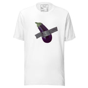 Unisex cotton crew neck short sleeve black t-shirt with eggplant graphic taped on with duct tape. Unique graphic tee, novelty t-shirt, casual wear, statement clothing.