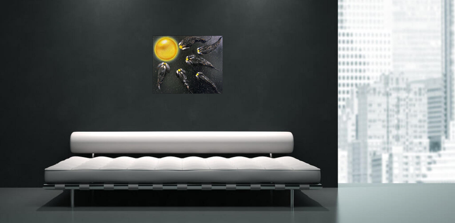 Contemporary surrealism mixed media art with mussel shells that look like alien creatures floating towards a golden orb in space.