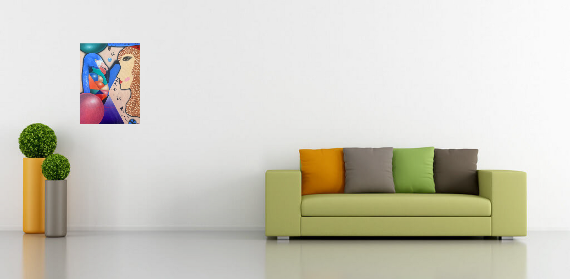 An oil painting by Shireen Renee presents a surreal narrative: a woman's profile, rendered with realistic detail, meets the gaze of a blue flamingo with a geometrically patterned neck. The composition is further enhanced by floating spheres and abstract geometric elements against a pale backdrop. The image shows a modern room with the art hanging on a plain white wall between potted plants and a green couch.