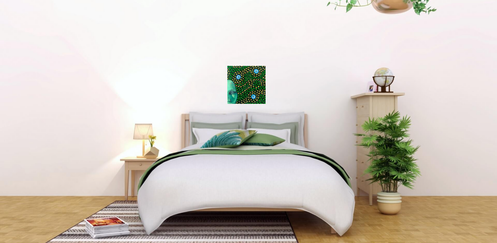 Original mixed media art featuring a self portrait of  Los Angeles artist, Shireen Renee as Medusa. The artwork is made from oil paint, acrylic paint, pistachio shells and rhinestones on wood panel done mostly in green hues with 3 blue snake eyes.