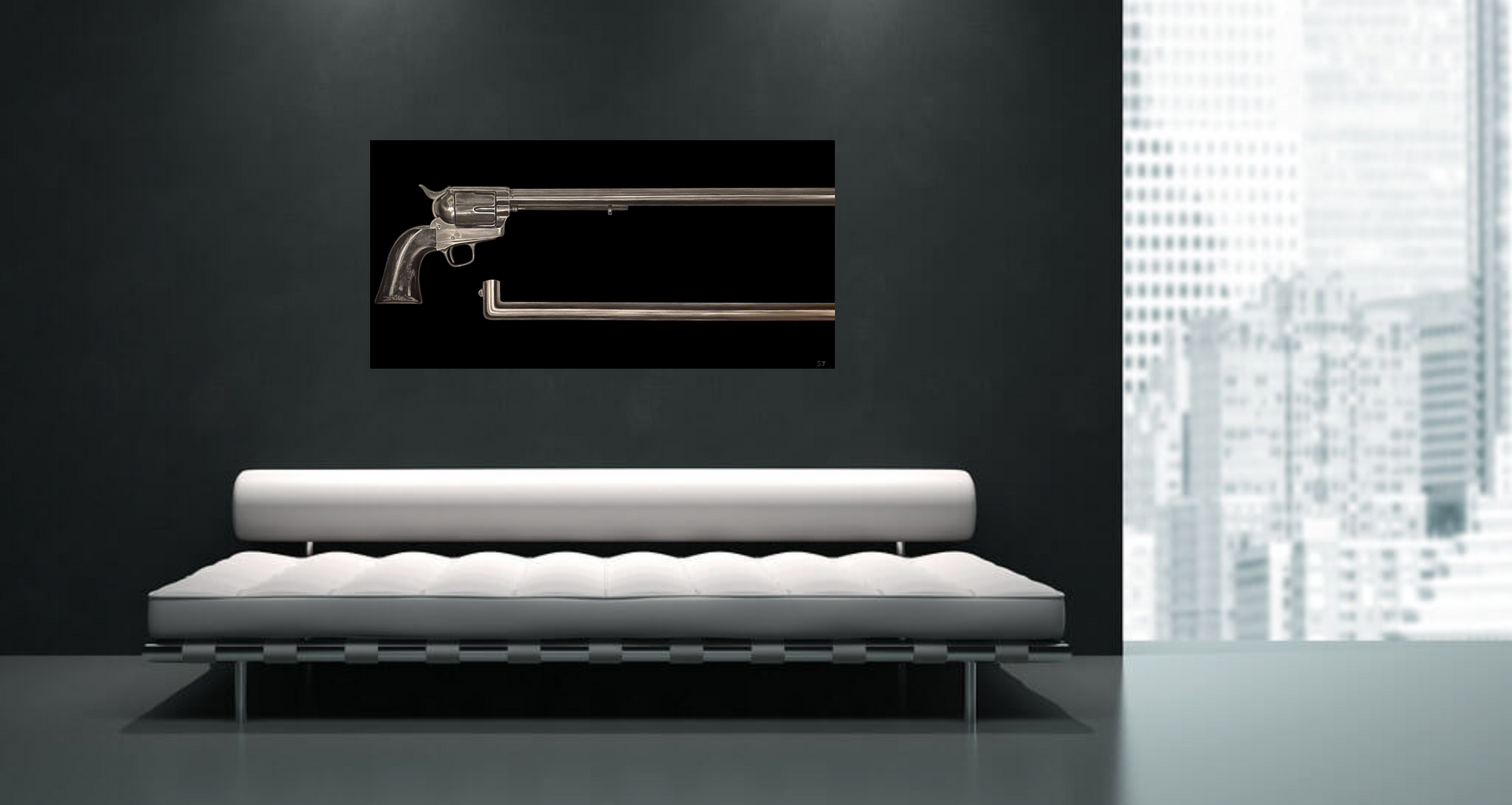 "Karma" is an original oil painting on canvas done in greyscale depicting an 1874 Colt army revolver with an elongated barrel that turns itself back onto the gun against a black background. The art is hanging in a modern office setting on a dark gray wall above a white couch. Created by Los Angeles artist, Shireen Renee.