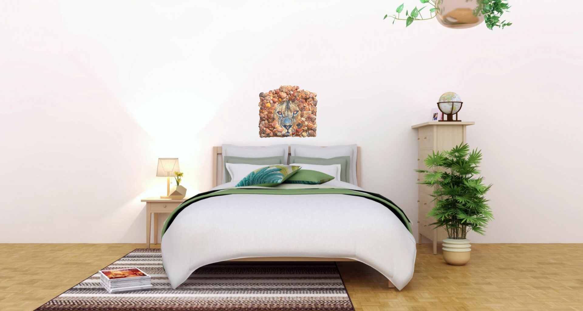 "Leo" is a mixed media art piece by Shireen Renee depicting the oil painting of a lion's face which is surrounded by a mane of real seashell fragments of orange, red and yellow hues.