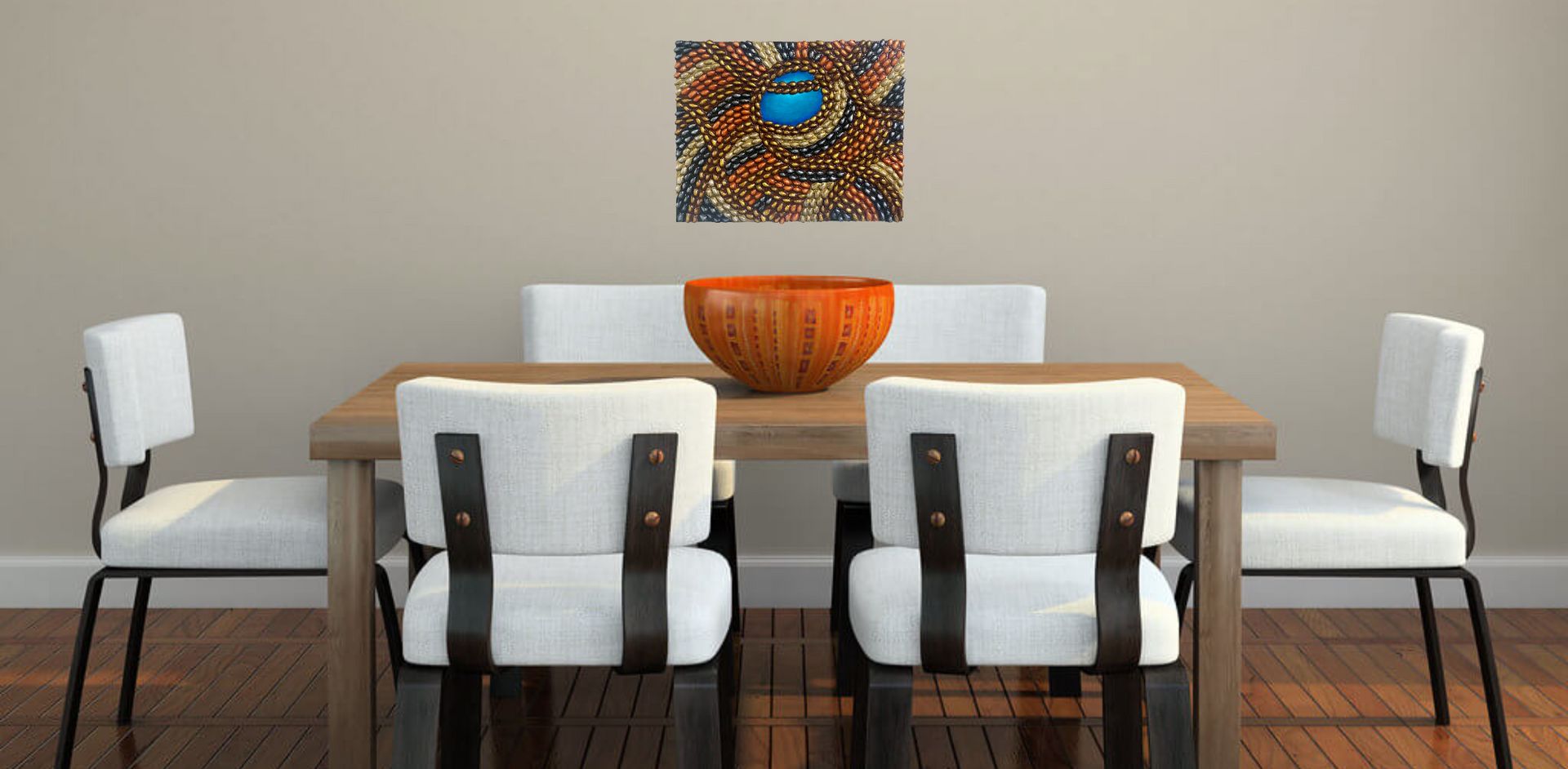 An oil painting by Shireen Renee presents a surreal narrative: a woman's profile, rendered with realistic detail, meets the gaze of a blue flamingo with a geometrically patterned neck. The composition is further enhanced by floating spheres and abstract geometric elements against a pale backdrop. The image shows the artwork in a dining room hanging on a beige wall .