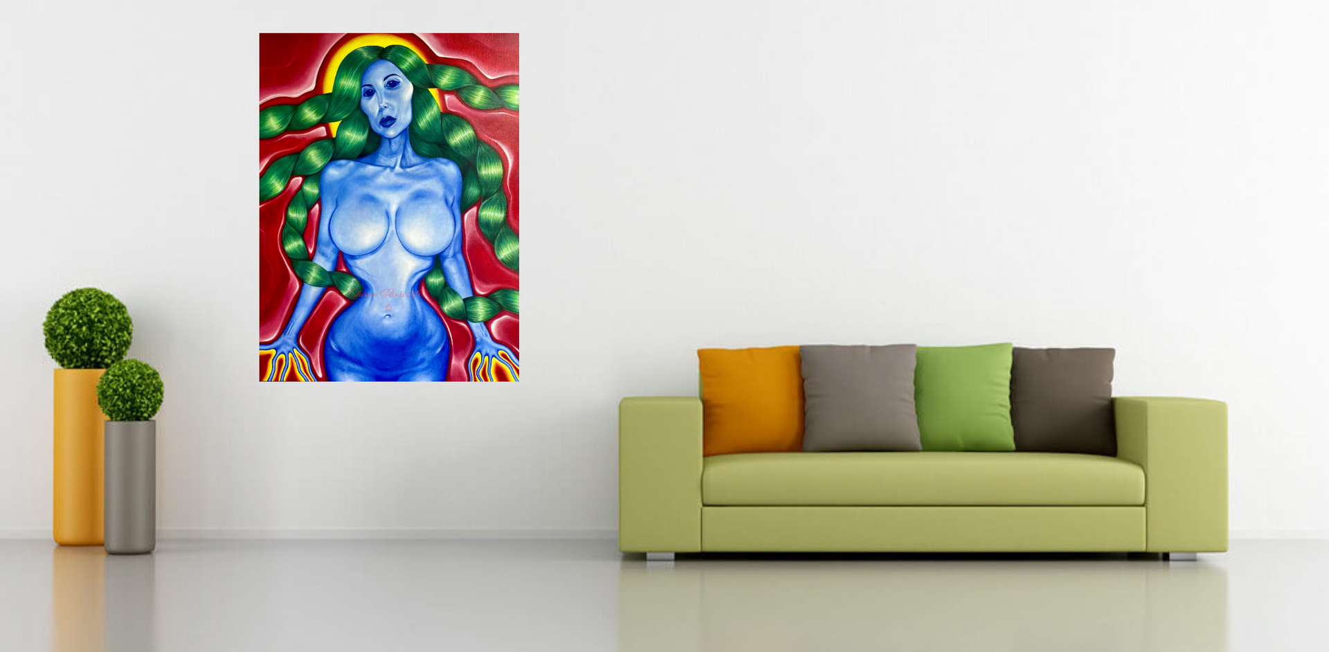 Original surreal contemporary oil painting by Shireen Renee depicting a nude mermaid-like creature with blue skin, shiny green hair and glowing hands and head against a red background. The Painting is shown hanging on a white wall in a room between a green couch and plants.