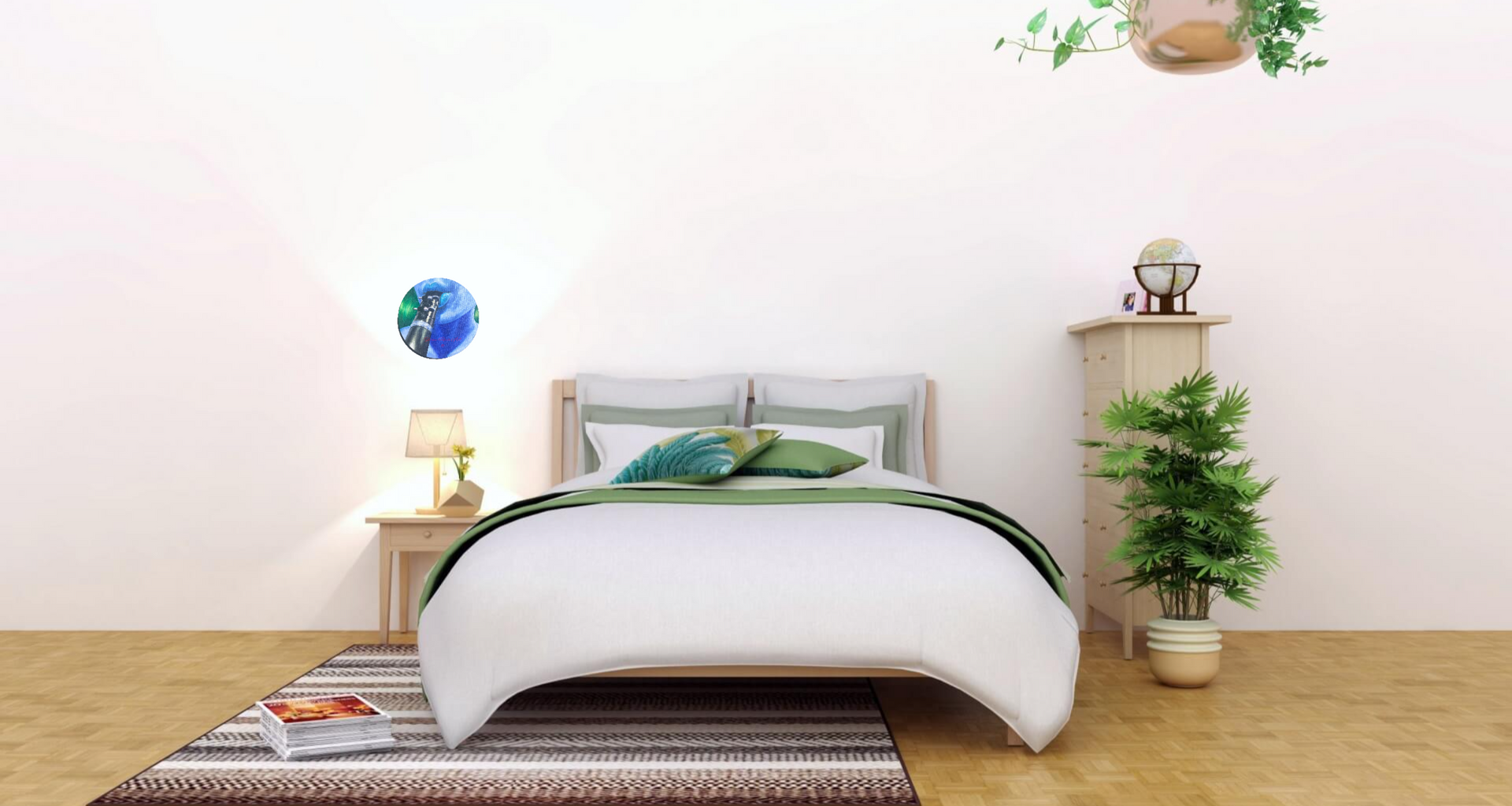 "The Lullaby" is an oil painting on an 8" circular canvas depicting a close-up view of the artist, Shireen Renee, playing the clarinet. Her skin tone is painted in blue hues and her hair in green hues. The image shows the painting displayed in a bedroom hanging on a plain white wall next to a bed.