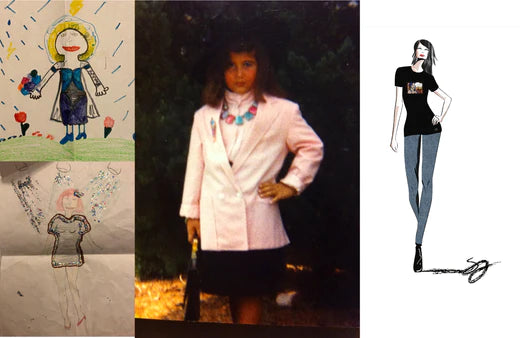 Photo collage, left images are Shireen's fashion drawings as a kid, center image is a photo of Shireen Renee as a kid playing dress up and photo on the right is a current fashion sketch.