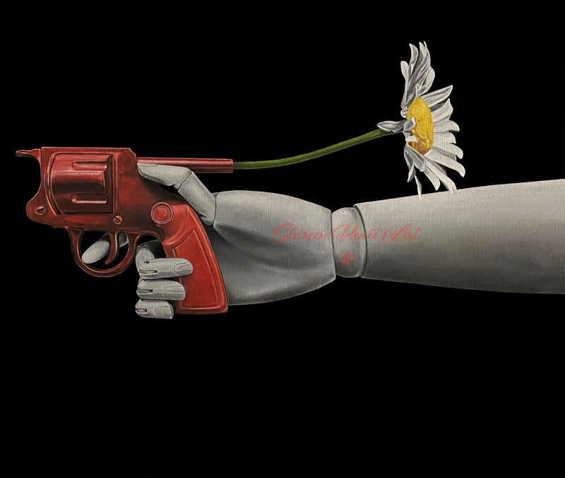 "A Dying Art" is an original oil painting by Los Angeles artist, Shireen Renee, depicting a grey mannequin hand holding a red suicide gun with a daisy flower shooting out of the barrel.