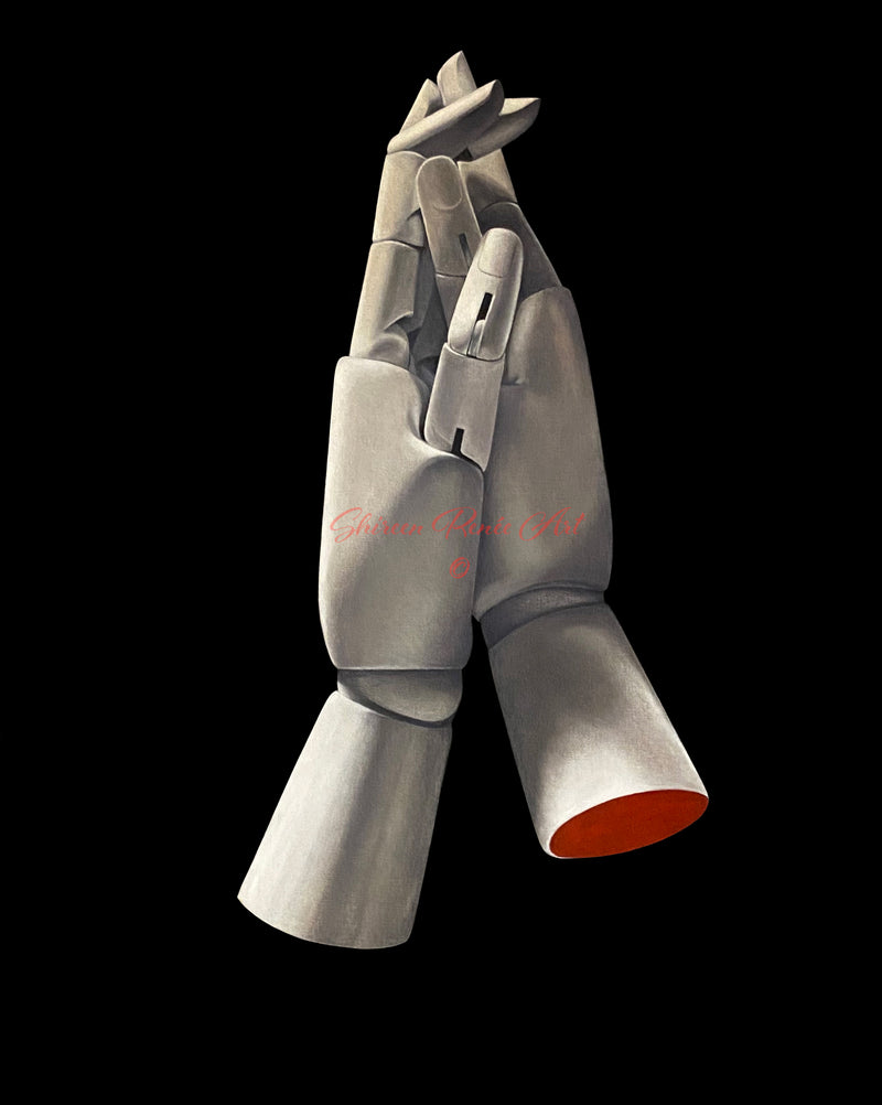 Oil painting by Shireen Renee: Two articulated wooden mannequin hands hold each other against a black background. One hand cradles the other, their fingers intertwined. The hands are grayscale, with a vibrant red stump visible on the right. The focus is on connection and the contrast between realistic wood and the void.
