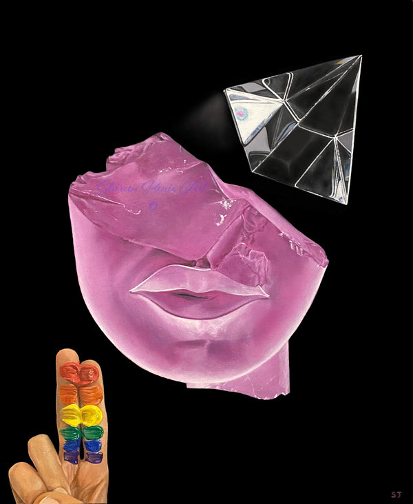 "Brain Damage" is an original oil on canvas painting by Shireen Renee inspired by the music of Pink Floyd. The painting depicts rainbow-painted fingers in the bottom left corner, a pink Egyptian sculpture in the center and a crystal pyramid in the upper right corner, against a black background.