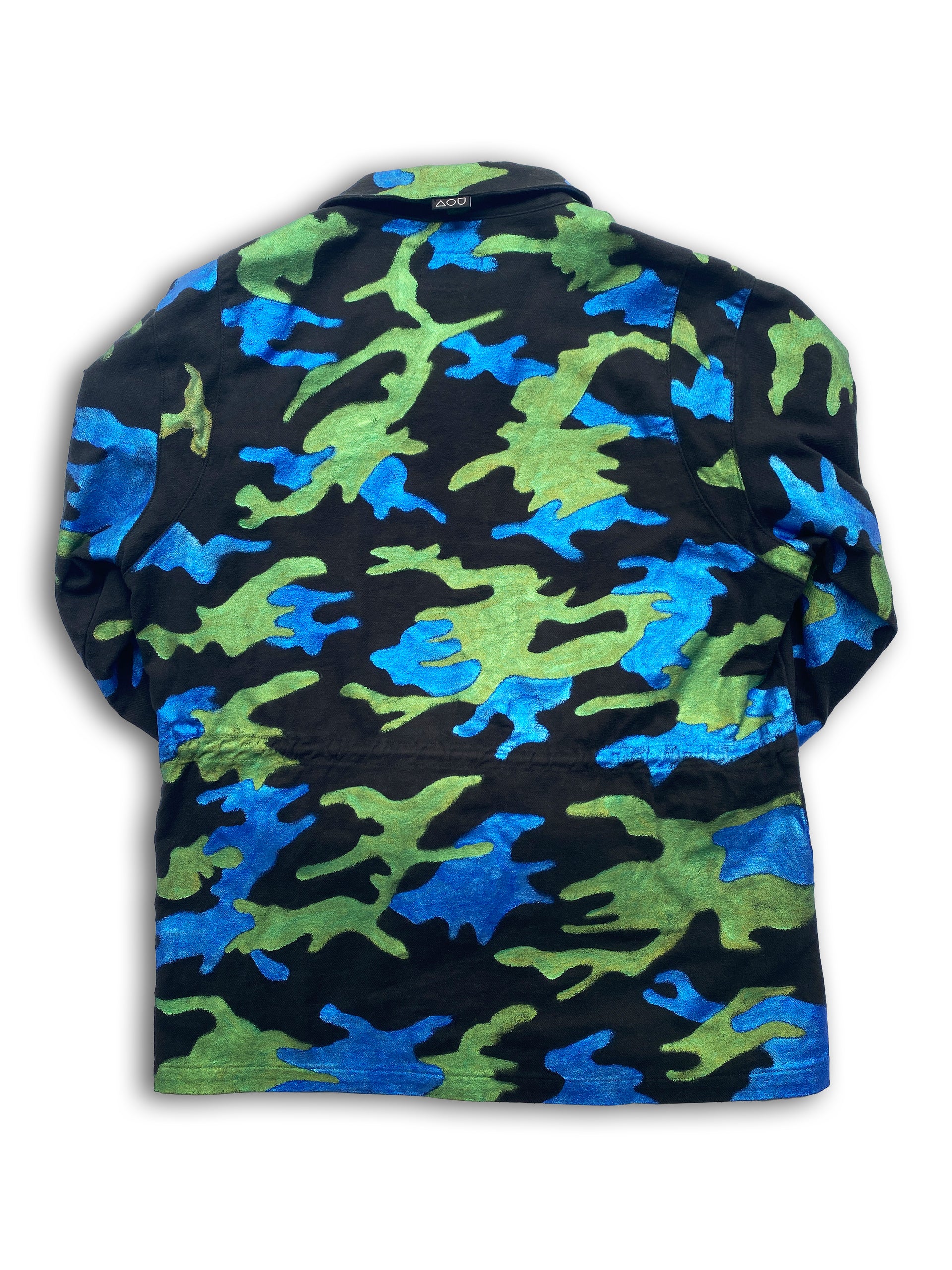 Back view of the Art Of Uniformity "Camo Planet" organic black brushed cotton unisex jacket with blue and green hand-painted camo print.