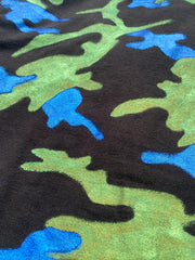 Detail view the Art Of Uniformity "Camo Planet" organic black brushed cotton unisex jacket with blue and green hand-painted camo print.
