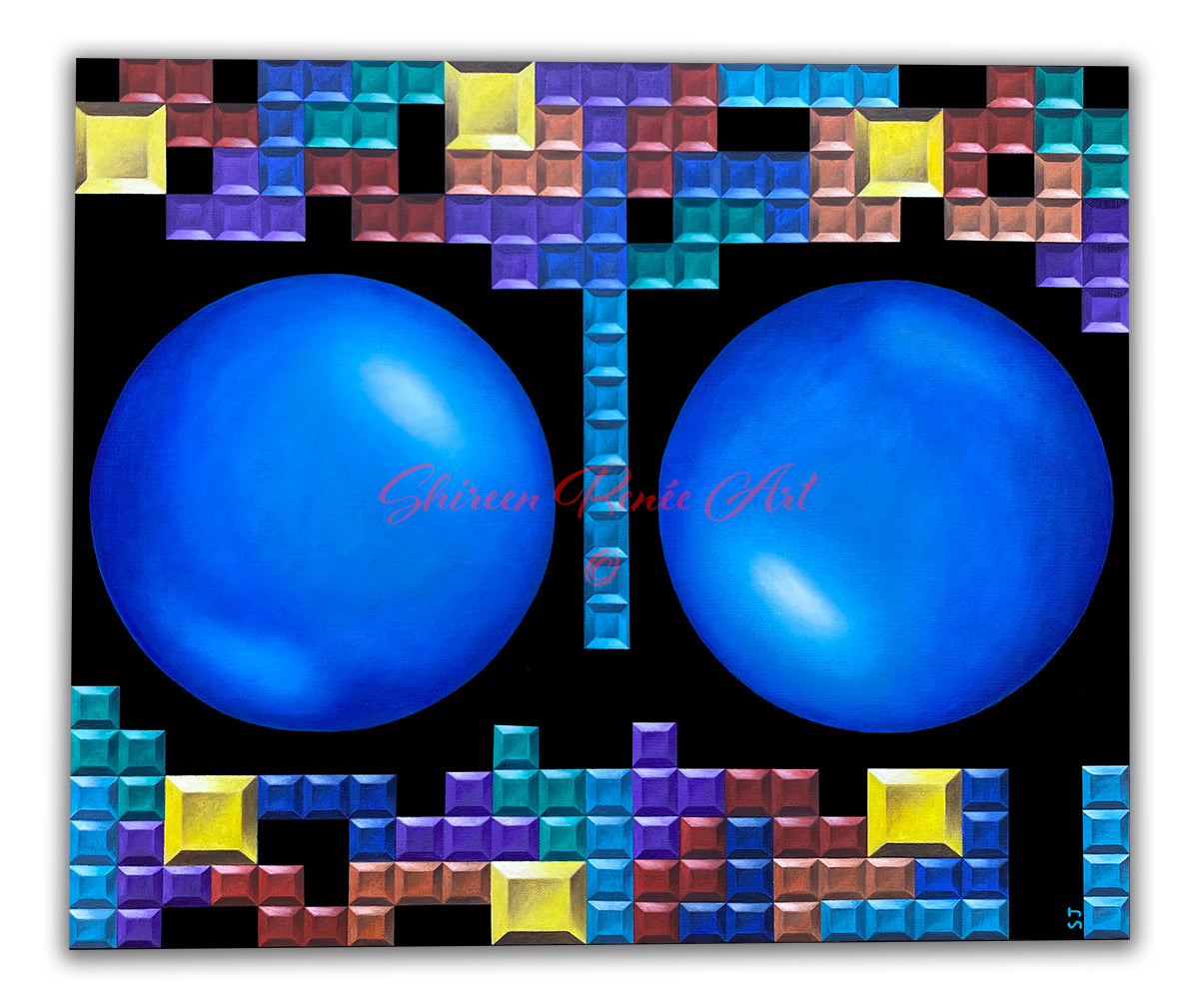 20"x24" Oil on canvas original oil painting art by Shireen Renee inspired by vintage game, Tetris, featuring two large blue orbs surrounded by colorful Tetris blocks on a black background.