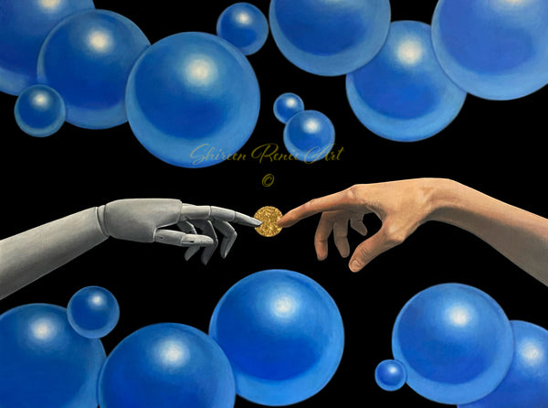 "Homo Deus" is a 36" x 48" oil on canvas painting by Shireen Renee depicting a human hand reaching out towards a non-human mechanical hand surrounded by bright blue bubbles against a black background.