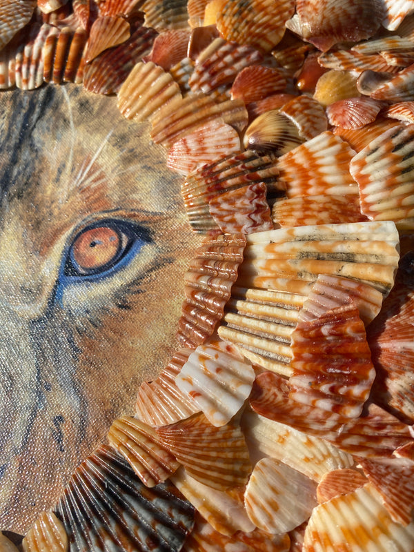"Leo" is a mixed media art piece by Shireen Renee depicting the oil painting of a lion's face which is surrounded by a mane of real seashell fragments of orange, red and yellow hues.