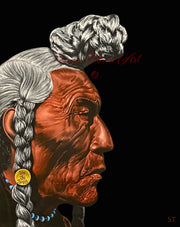 Oil painting by Shireen Renee: Profile portrait of an elderly Native American man with gray braided hair and a "We The People" button, against a black background. Fine art depicting wrinkles and texture, showcasing cultural representation and artistic skill.