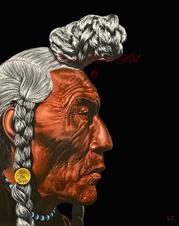 Oil painting by Shireen Renee: Profile portrait of an elderly Native American man with gray braided hair and a "We The People" button, against a black background. Fine art depicting wrinkles and texture, showcasing cultural representation and artistic skill.