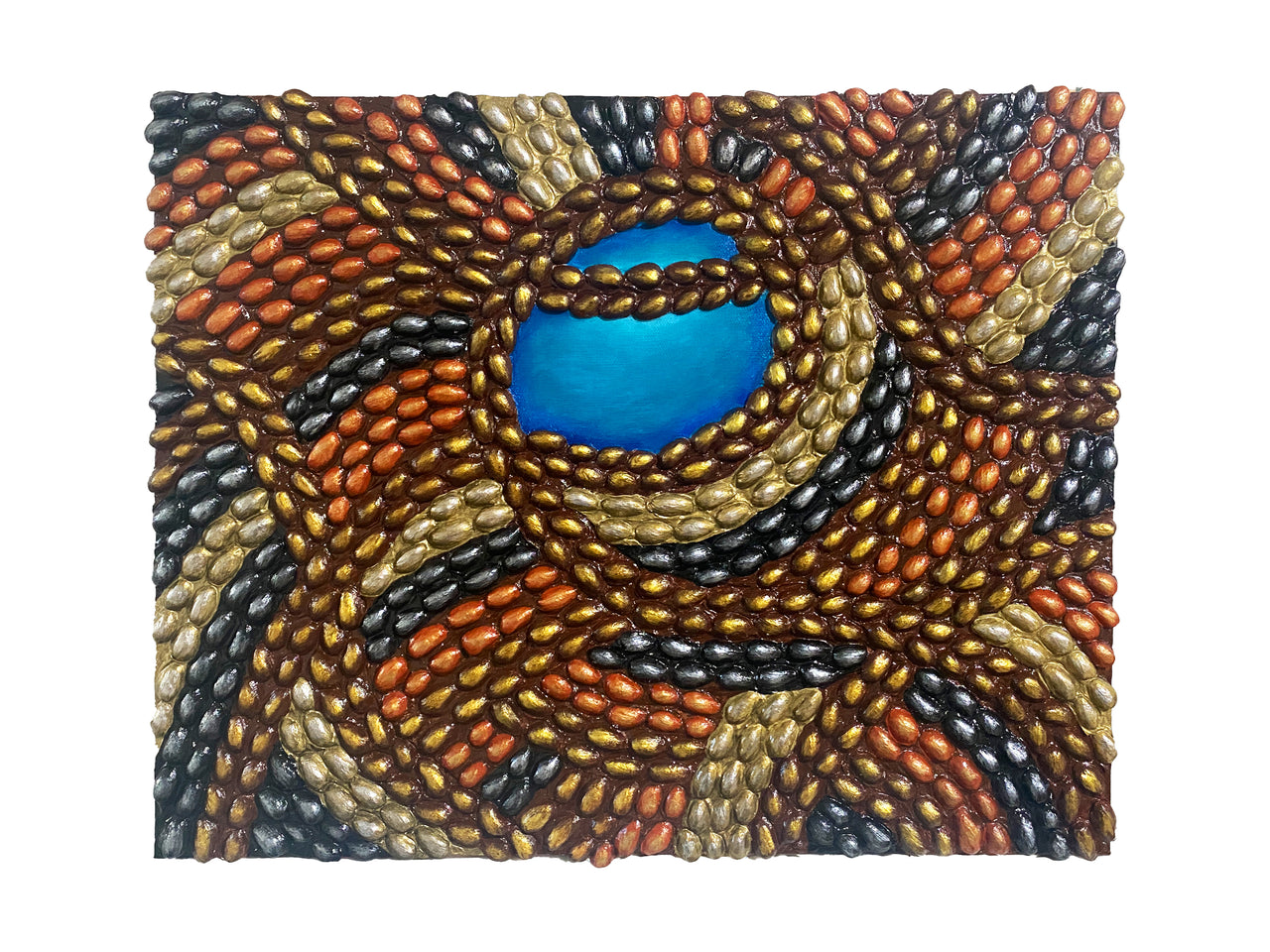 Original abstract wall art by Shireen Renee using pistachio shells painted with metallic acrylic gold, silver, and copper colors with a bright blue focal point.