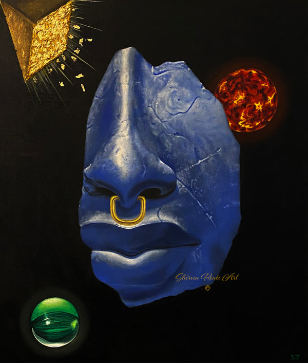 Original oil on canvas contemporary art painting depicting a broken Egyptian bust portrait of king Akhenaten floating in space with a sun, a green orb and a golden pyramid against a black background. 