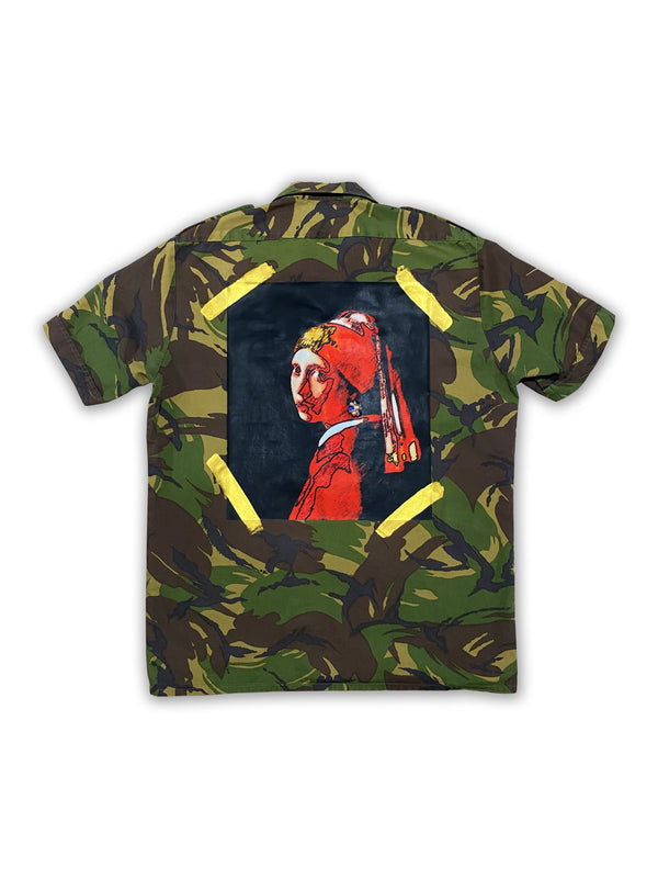 Vintage Dutch camo button-up shirt with Vermeer's "Girl with the Pearl Earring" on the back.
