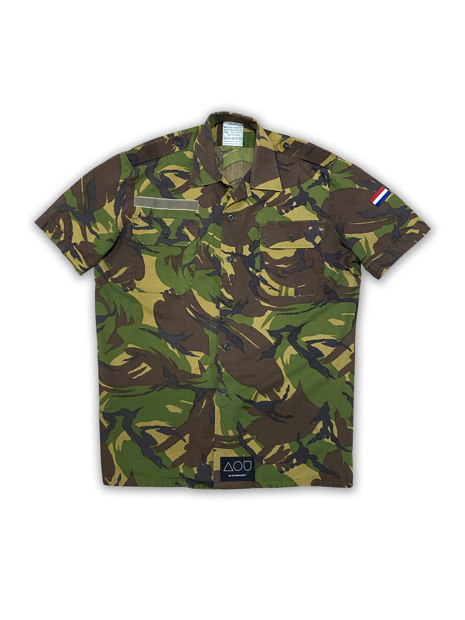 Vintage Dutch camo button-up shirt with Vermeer's "Girl with the Pearl Earring" on the back.