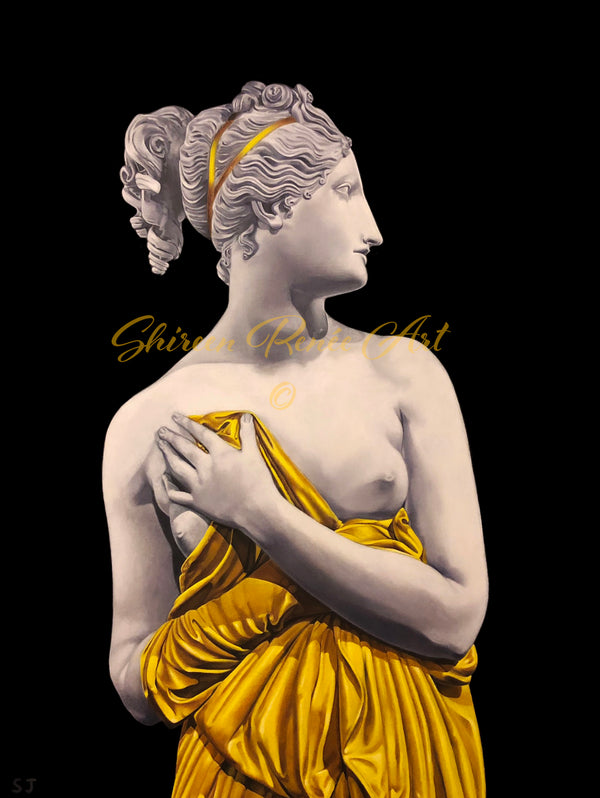 A realism oil painting by Shireen Renee of an Italian Statue of Venus looking to the viewer's right. Her breasts are exposed and she is draped in bright yellow-gold fabric with a golden ribbon in her hair.
