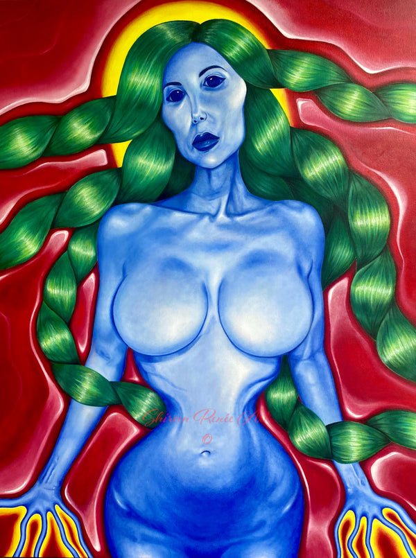 Fine art print on paper depicting a nude mermaid-like creature with blue skin, shiny green hair and glowing hands and head against a red background.