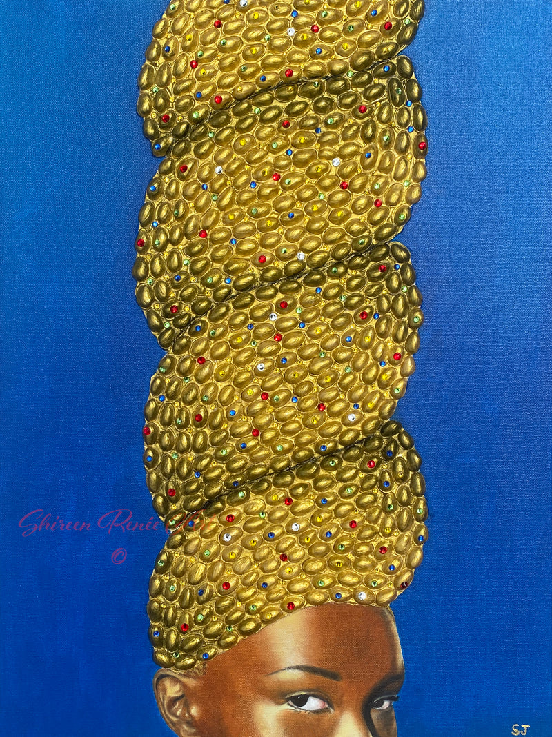 Original contemporary mixed media art depicting a portrait of a beautiful African woman wearing a tall golden crown made with pistachio shells and multicolor rhinestones against a bright blue background.